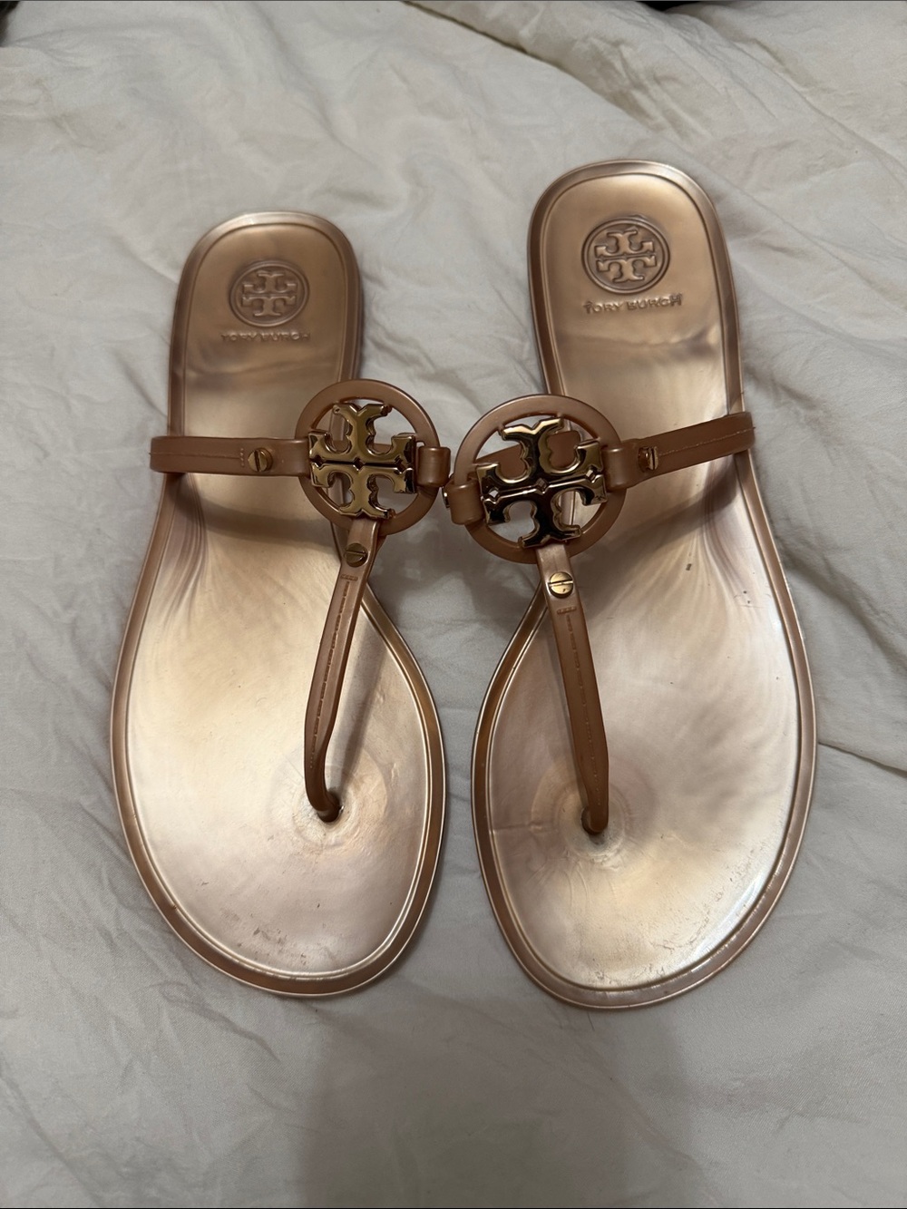 Tory Burch Metallic Rose Gold Logo Thong Sandals